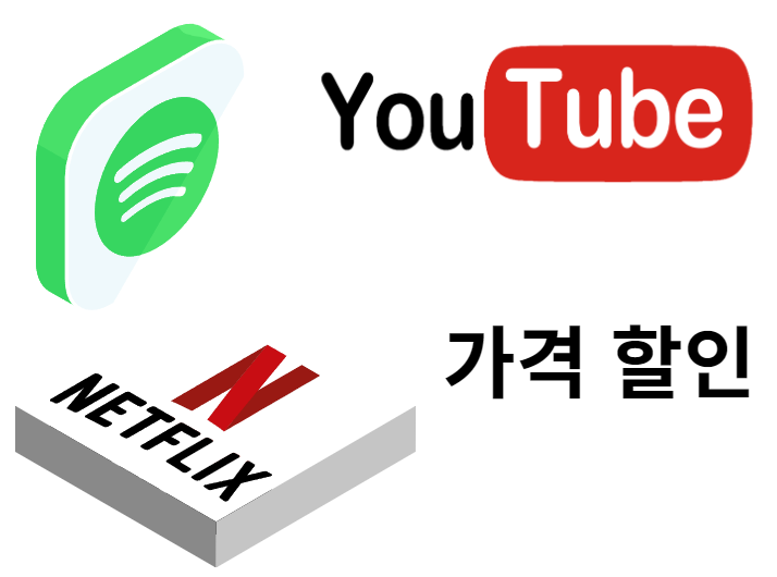 유튜브 스포티파이 넷플릭스 로고와 가격 할인 글씨