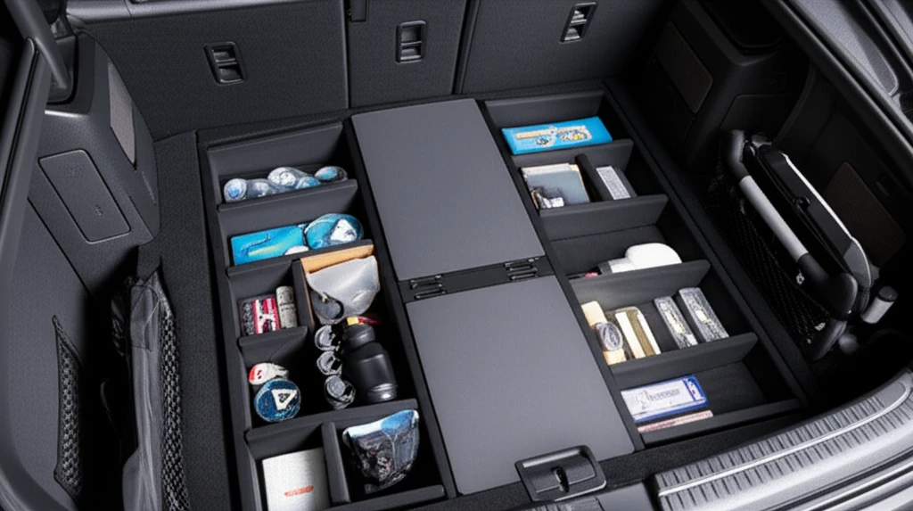 트렁크에 설치된 분할 수납함과 벨크로 패널로 소형 물품들이 체계적으로 정리된 모습