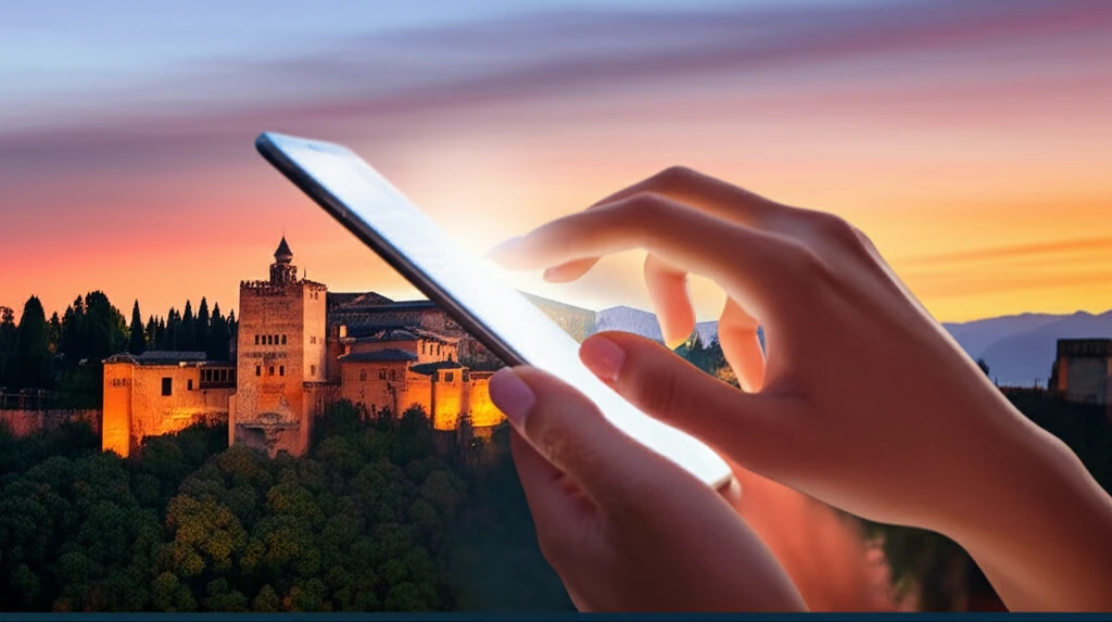 황황한 석양이 비추는 알함브라 궁전의 전경